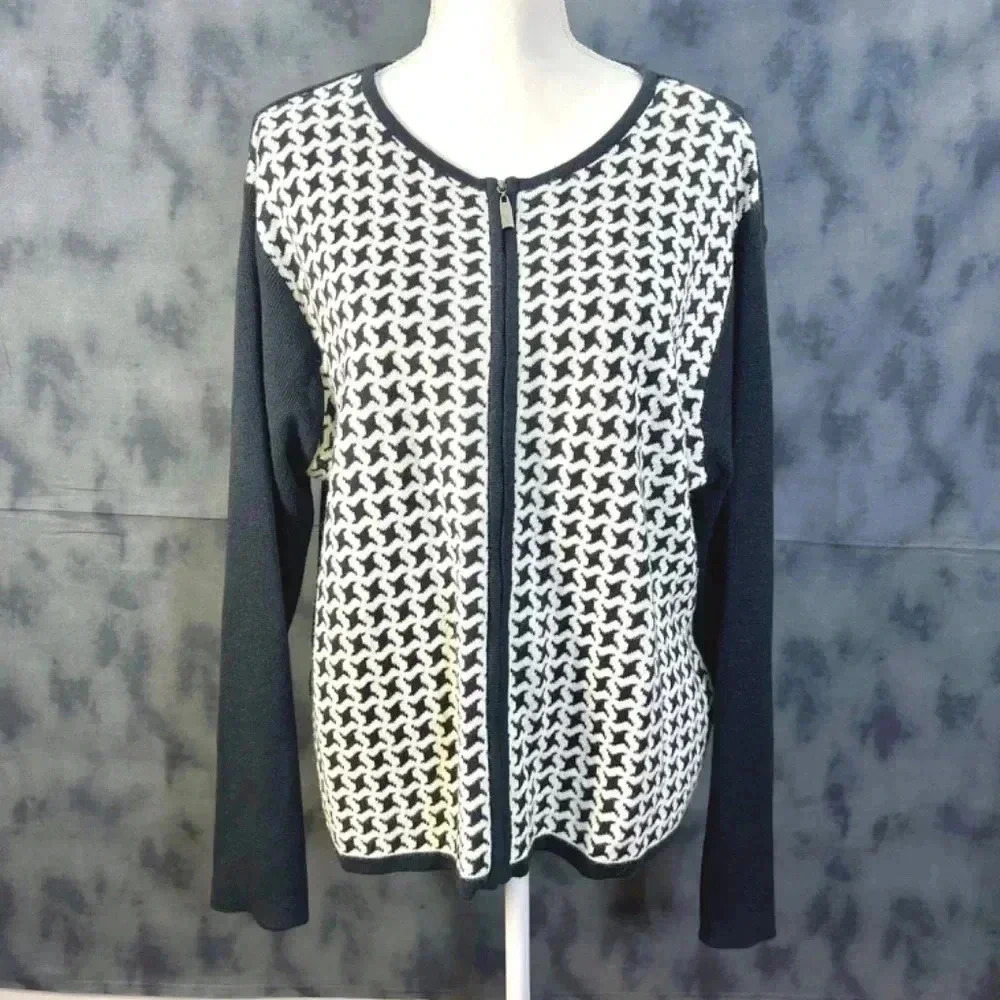 Vintage Norton McNaughton Black and White Houndstooth Zip Up Sweater Size XL